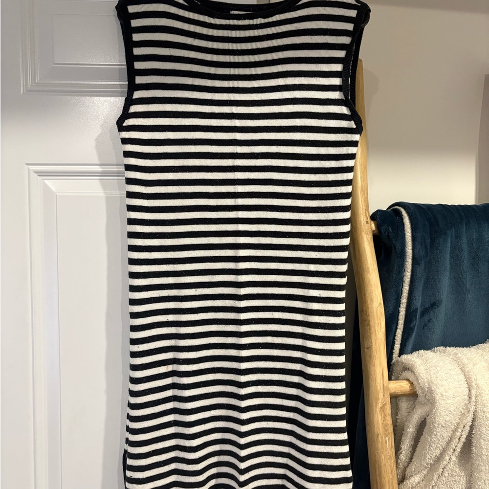 Sleeveless Black and White Striped Knit Dress